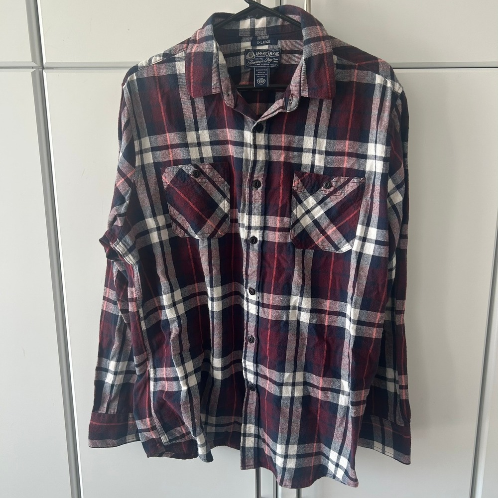 American Rag Mens XL Flannel Shirt Red Navy Blue Plaid Long Sleeve Cotton Button
